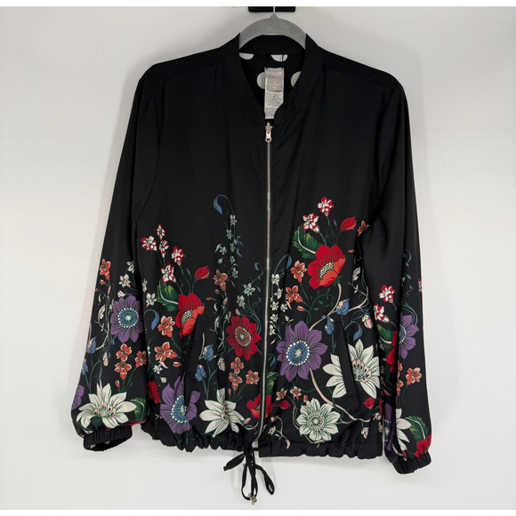 Chicos Reversible Bomber Jacket Womens 12/14 Black Floral Polka Dot Silky Zip Up - Picture 3 of 15